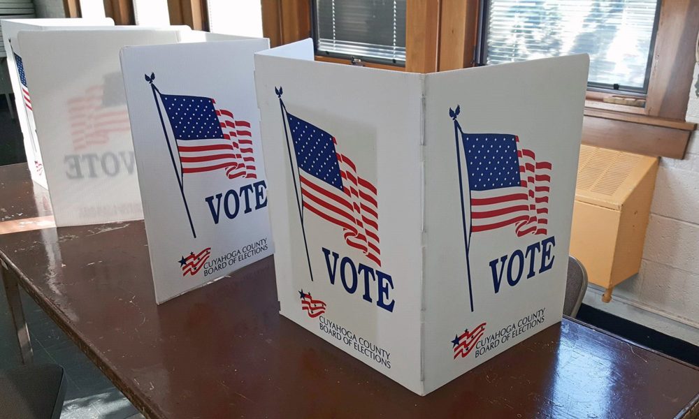 Voting carrels set on a table in the 2019 Ohio general election.