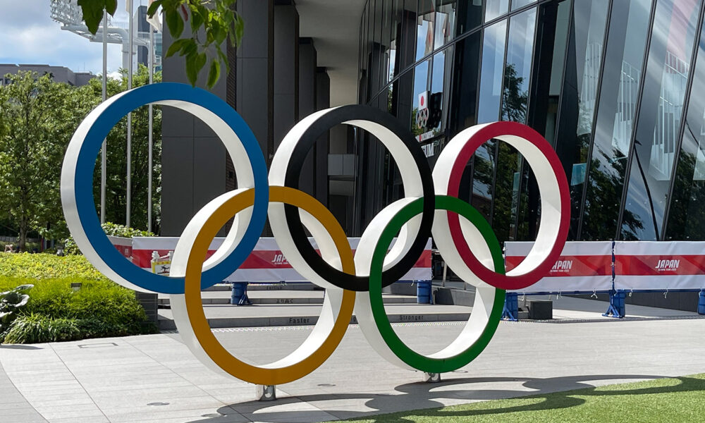 Sculpture of Olympic rings near Olympic Village in Tokyo