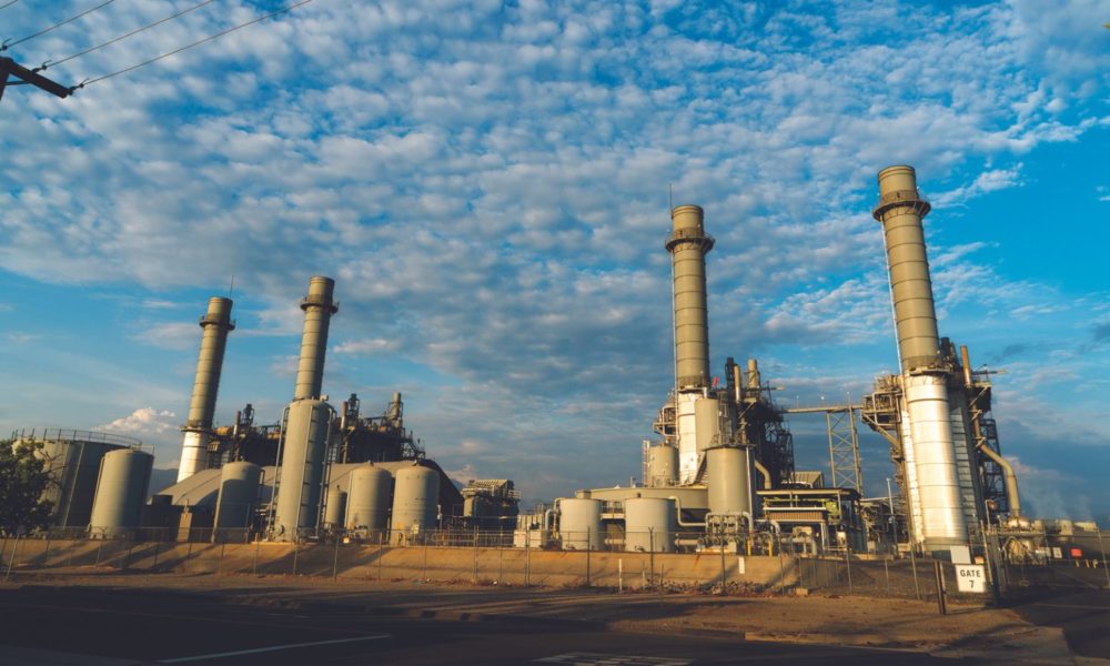 A power plant against a cloudy blue sky. Southern California Edison’s Mountainview Generating Station is one of the nearly 200 grid-connected natural gas power plants in California.