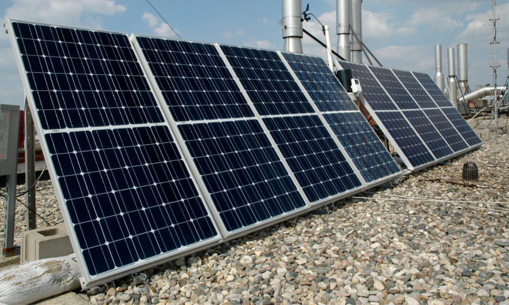 This photo shows a solar panel array on the grounds of the University of Illinois Urbana-Champaign