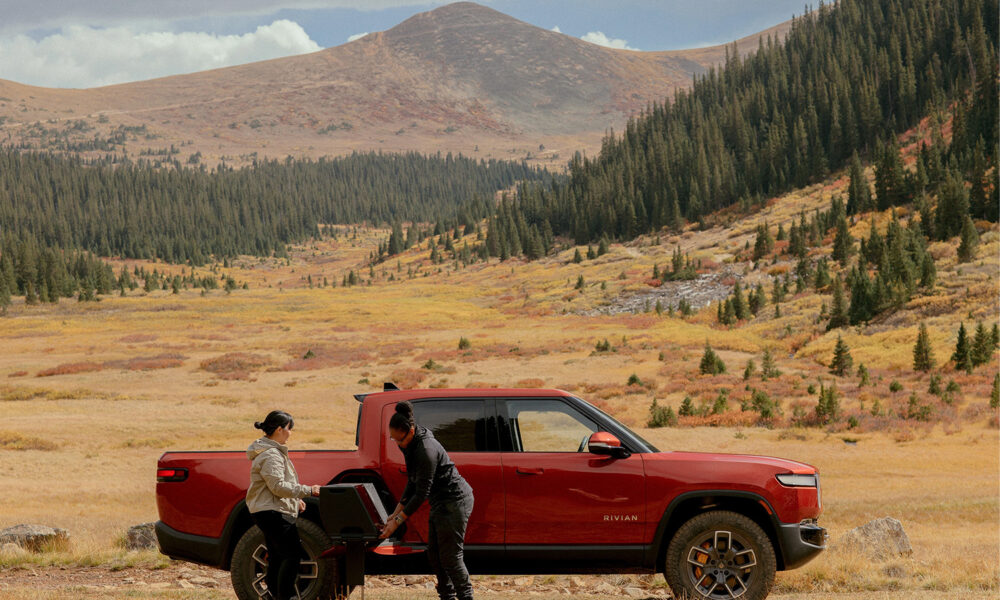 A red Rivian R1T pick up