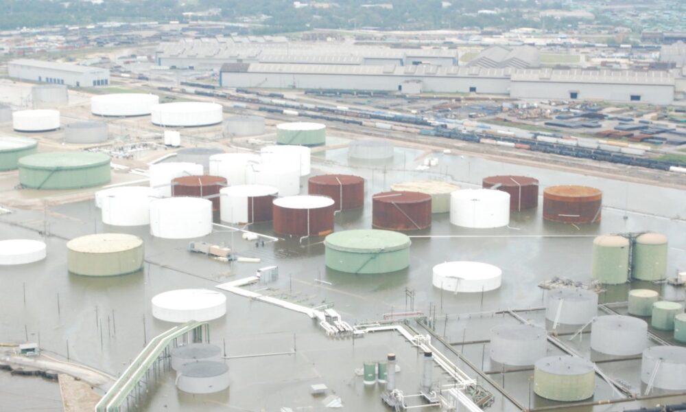 An industrial facility in Texas is shown submerged in water after Hurricane Ike