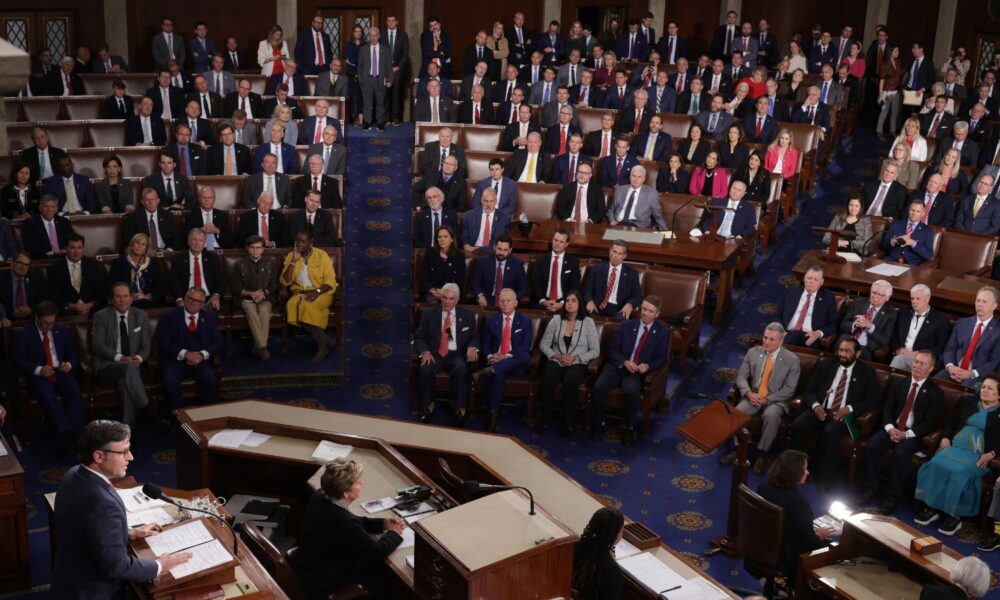 Speaker Johnson addresses the House of Representatives in October 2023.