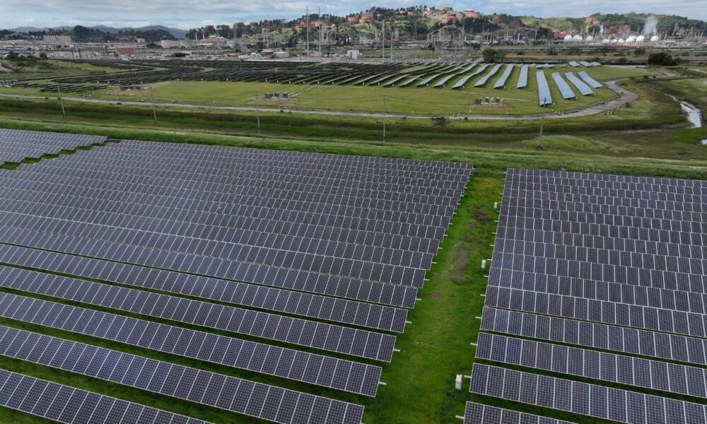 In an aerial view, solar panels are seen at MCE Solar One solar farm on April 25, 2024, in Richmond, California