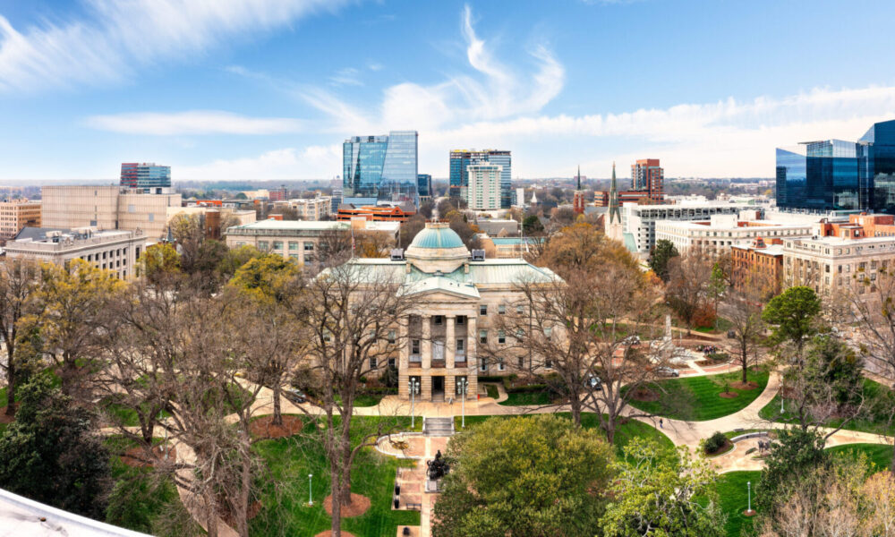 An aerial view of the state capitol building in Raleigh, North Carolina