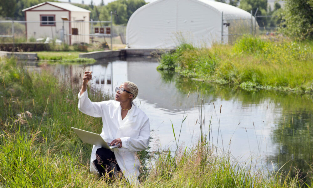 A scientist checks water quality at a stream.