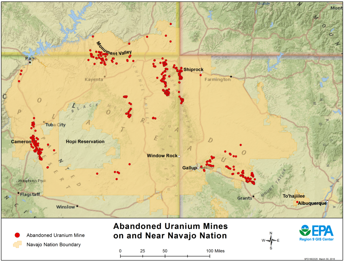 map of the Navajo Nation featuring red dots indicating sites of abandoned uranium mines