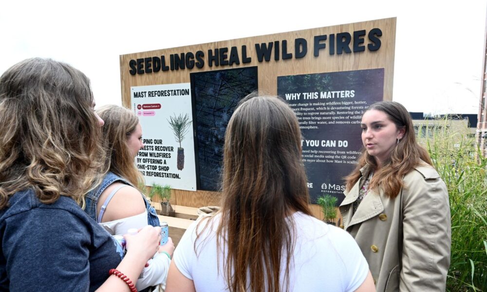 A scientist explains their research on wildfires at a public science fair in New York City in 2023.