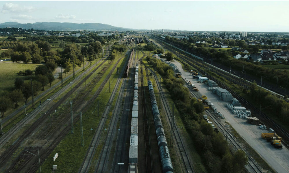 a drone aerial of a rail yard