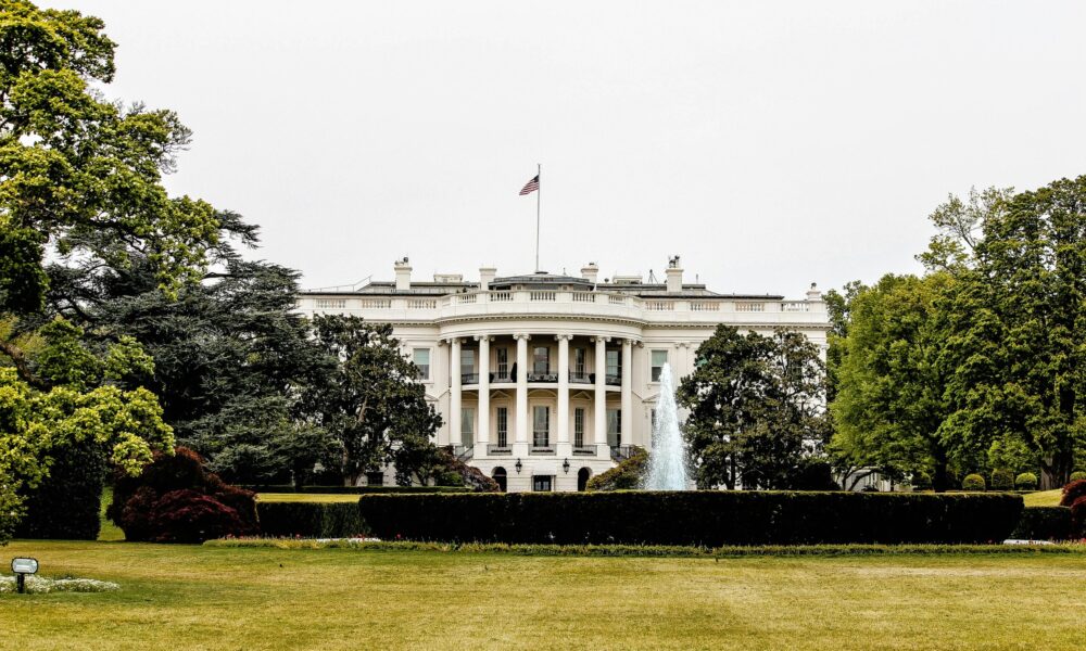 a view of the White House from the National Mall.