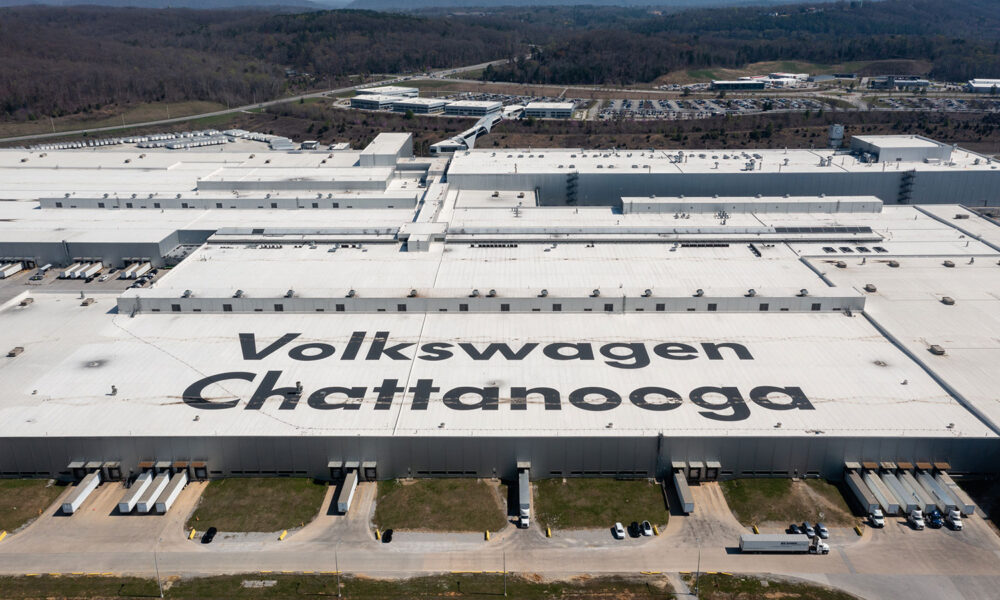 aerial view of a Volkswagen automobile assembly plant is seen on March 20, 2024 in Chattanooga, Tennessee