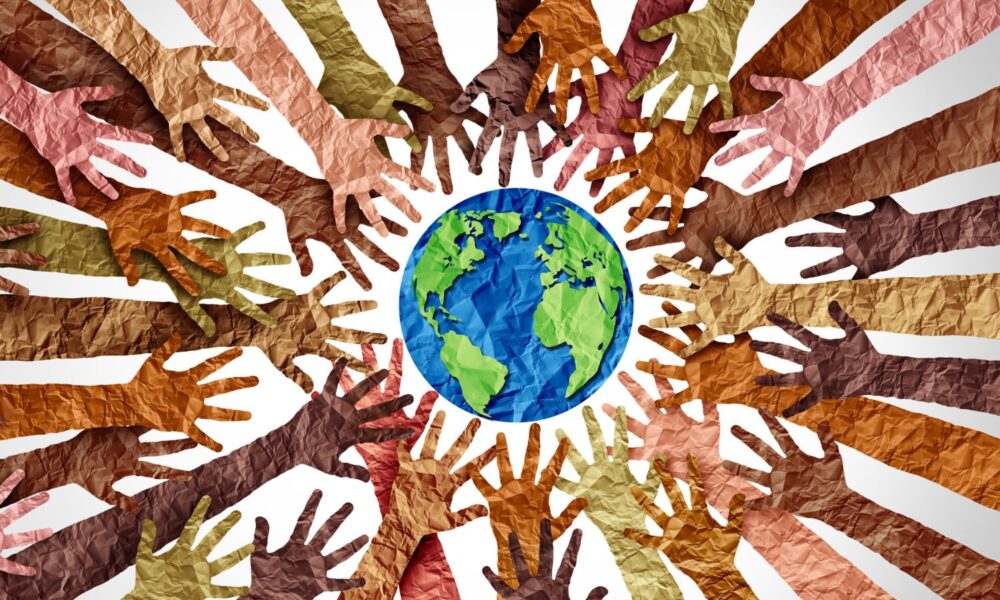 World culture earth day and global diversity and international cultures as a concept of diverse races and crowd cooperation symbol as hands holding together the planet earth in a 3D illustration style.