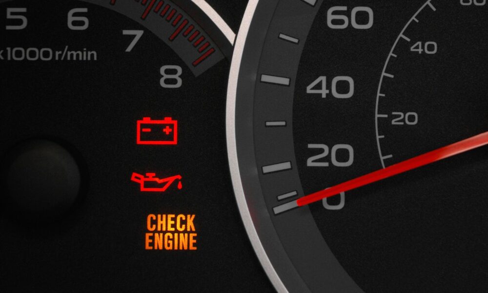 Close up on a car dashboard cluster with the check engine warning light on indicating a car failure.