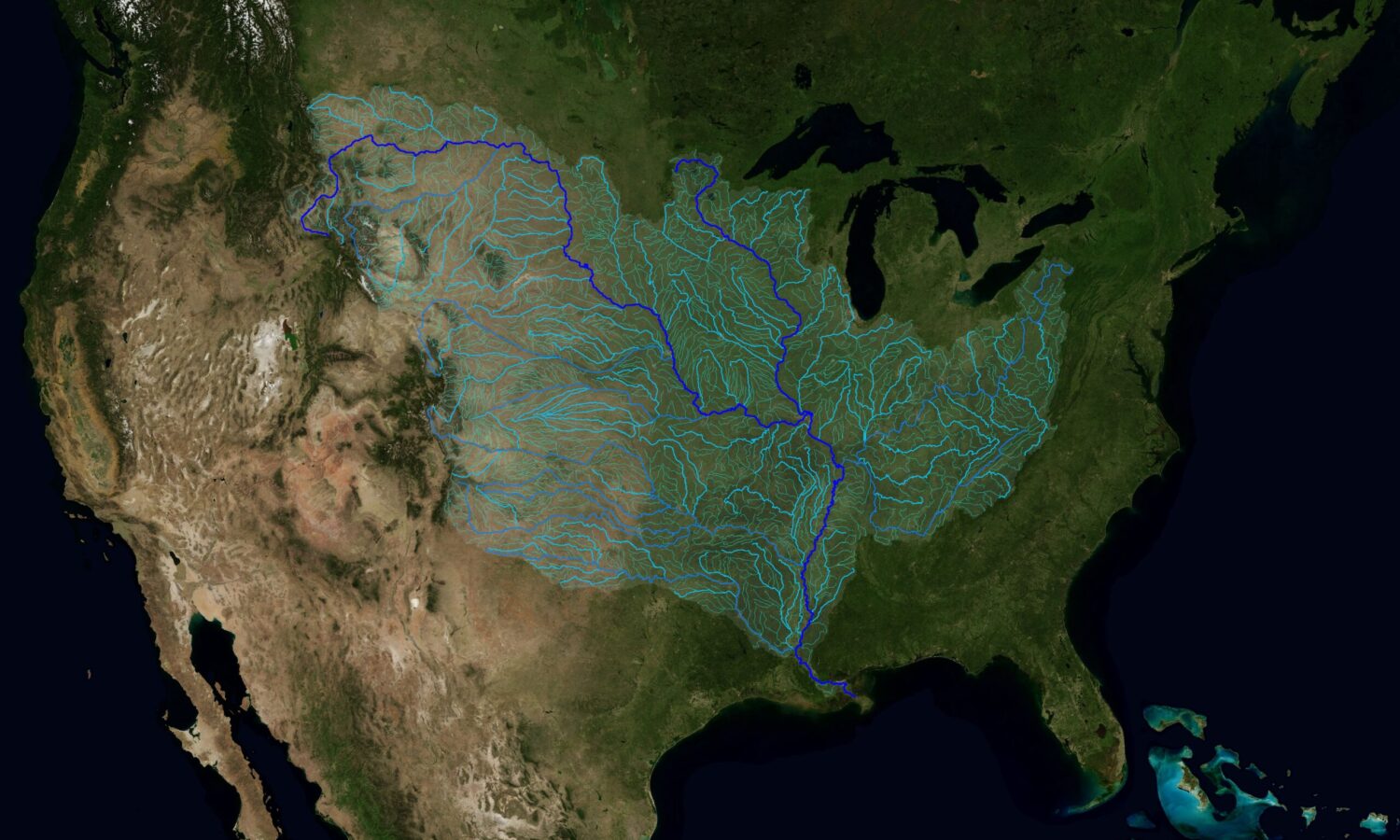satellite photo of the continental United States with the rivers of the Mississippi and Missouri watershed highlighted; all the rivers eventually drain into the Gulf of Mexico in Louisiana
