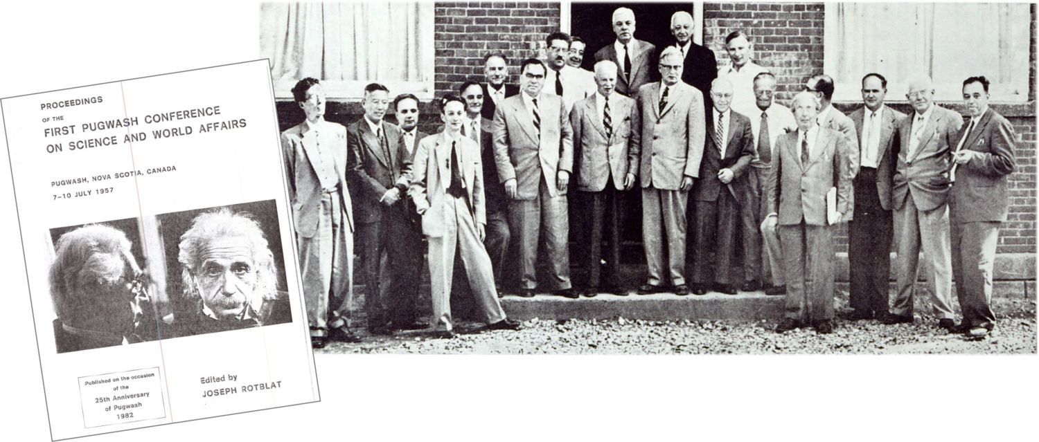 Two images, showing the cover of the proceedings from the first Pugwash meeting in 1957 and a photograph of attendees, including numerous eminent scientists from around the world.