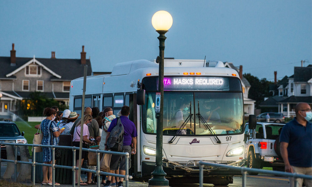 People boarding a Vineyard Transport Authority bus in Oak Bluffs, MA