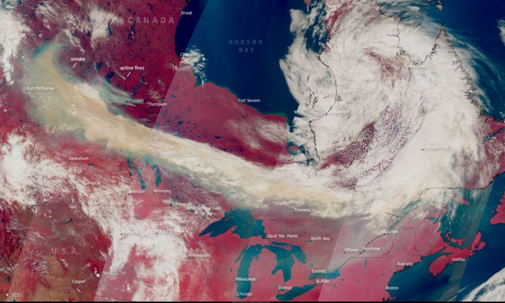 This false colour image, acquired by one of the Copernicus Sentinel-3 satellites on 3 August 2025, shows the smoke cloud from the wildfires engulfing skies over Canada and the US. This false colour image, acquired by one of the Copernicus Sentinel-3 satellites on 3 August 2025, shows the smoke cloud from the wildfires engulfing skies over Canada and the US.