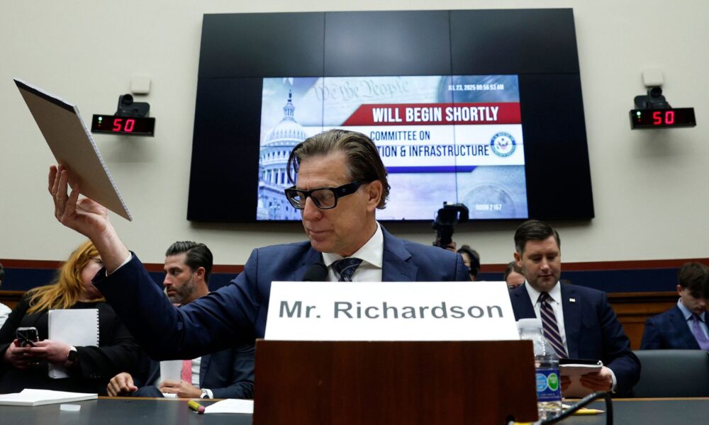 Acting Administrator of the Federal Emergency Management Agency (FEMA) David Richardson looks flustered as he testifies before a House committee in July 2025.
