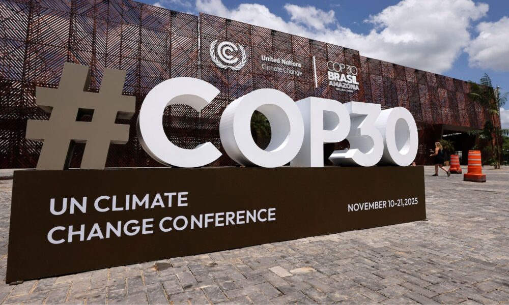 The COP30 logo is seen in front of the central building ahead of the COP30 Brazil Amazonia 2025 on November 3, 2025 in Belem, Brazil.