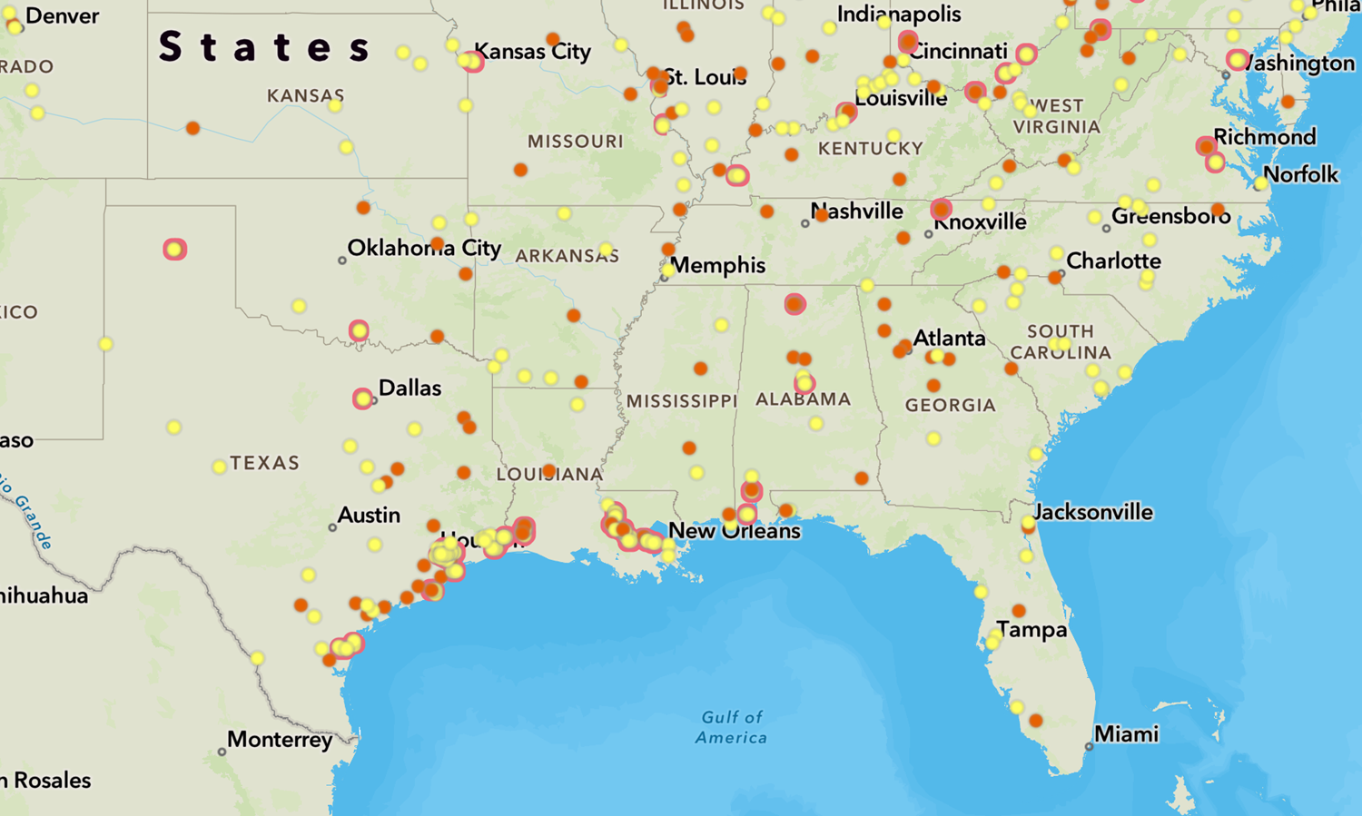 a map of the United States showing chemical facilities