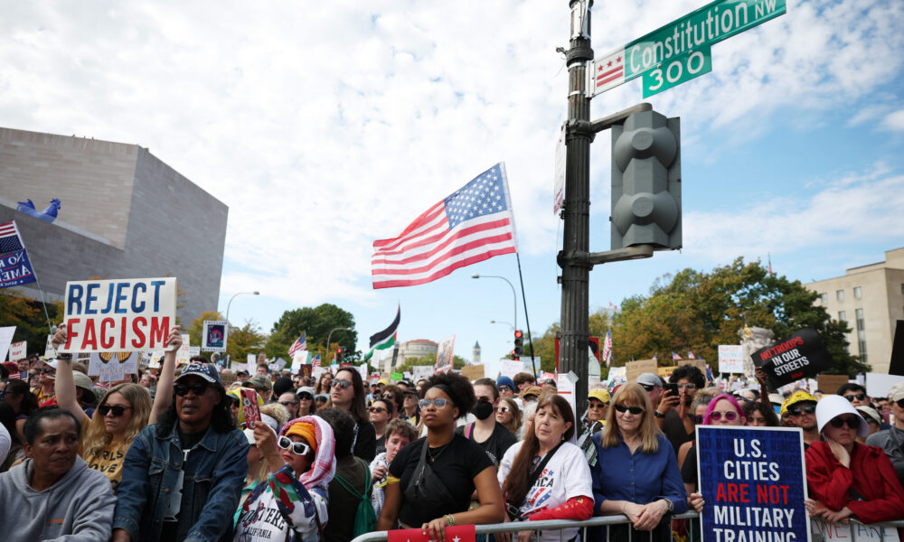 a large protest crowd in Washington, DC