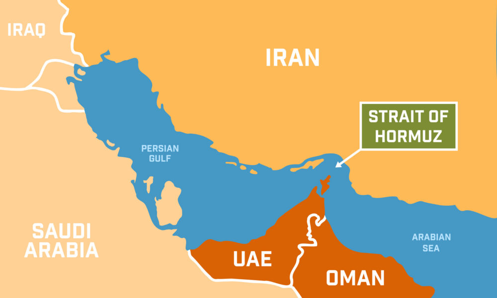 map highlighting the Strait of Hormuz, a narrow passage between the Persian Gulf and the Gulf of Oman