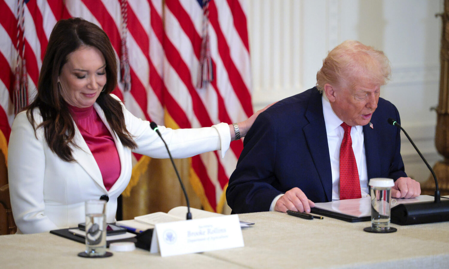 photo of President Trump sitting at a table and speaking into a microphone while reading from notes; to his left Secretary of Agriculture Brooke Rollins also appears to be reading notes while putting a hand on Trump's shoulder and smiling; a US flag is in the background