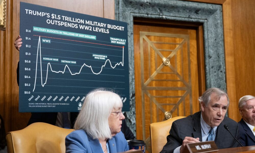 US Senator Jeff Merkley, speaks during a hearing with Russell Vought, the Director of the Office of Management and Budget (OMB) during a Senate Committee on the Budget hearing to examine the President's fiscal year 2027 budget proposal in Capitol Hill on April 16, 2026.