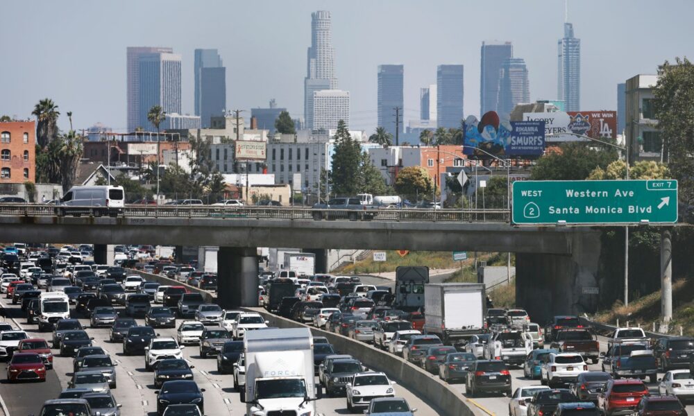 Multiple lanes of traffic stall on the 101 in Los Angeles in 2025.