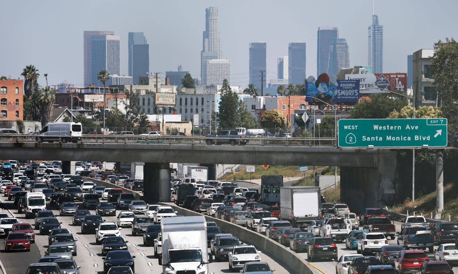 Multiple lanes of traffic stall on the 101 in Los Angeles in 2025.