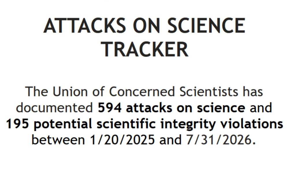 A screenshot of the front page of the UCS Attacks on Science Tracker documenting that the current administration has attacked science almost 600 times since taking office until July 31, 2026.